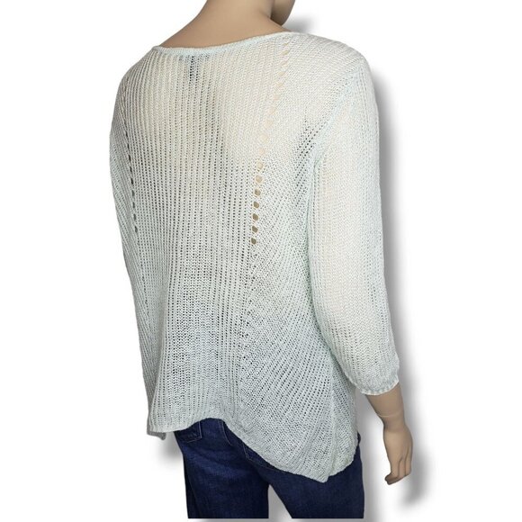 Eileen Fisher Organic Linen Sweater Womens Medium Green Open Knit Pullover - Picture 4 of 7